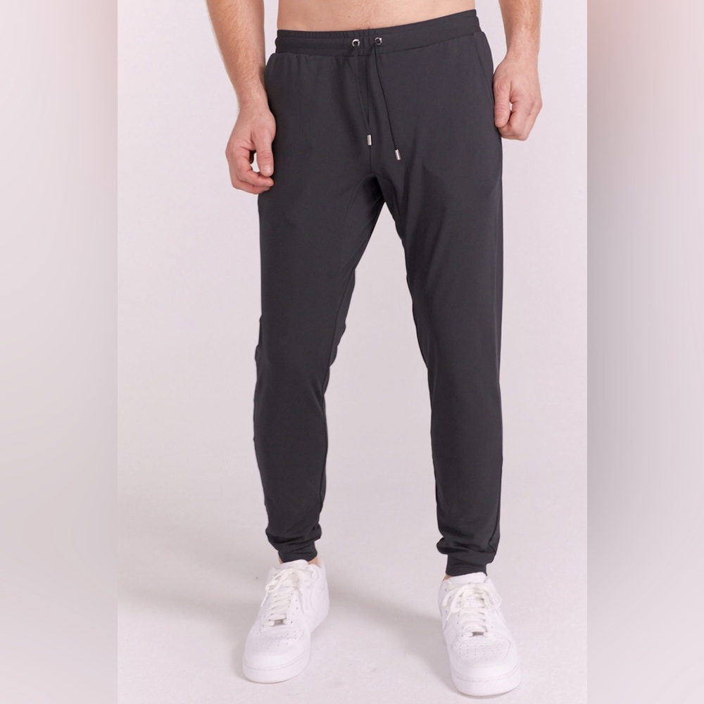 black jogger Sweatpants drawstring elastic waistband men's M 25"-36" silver tips